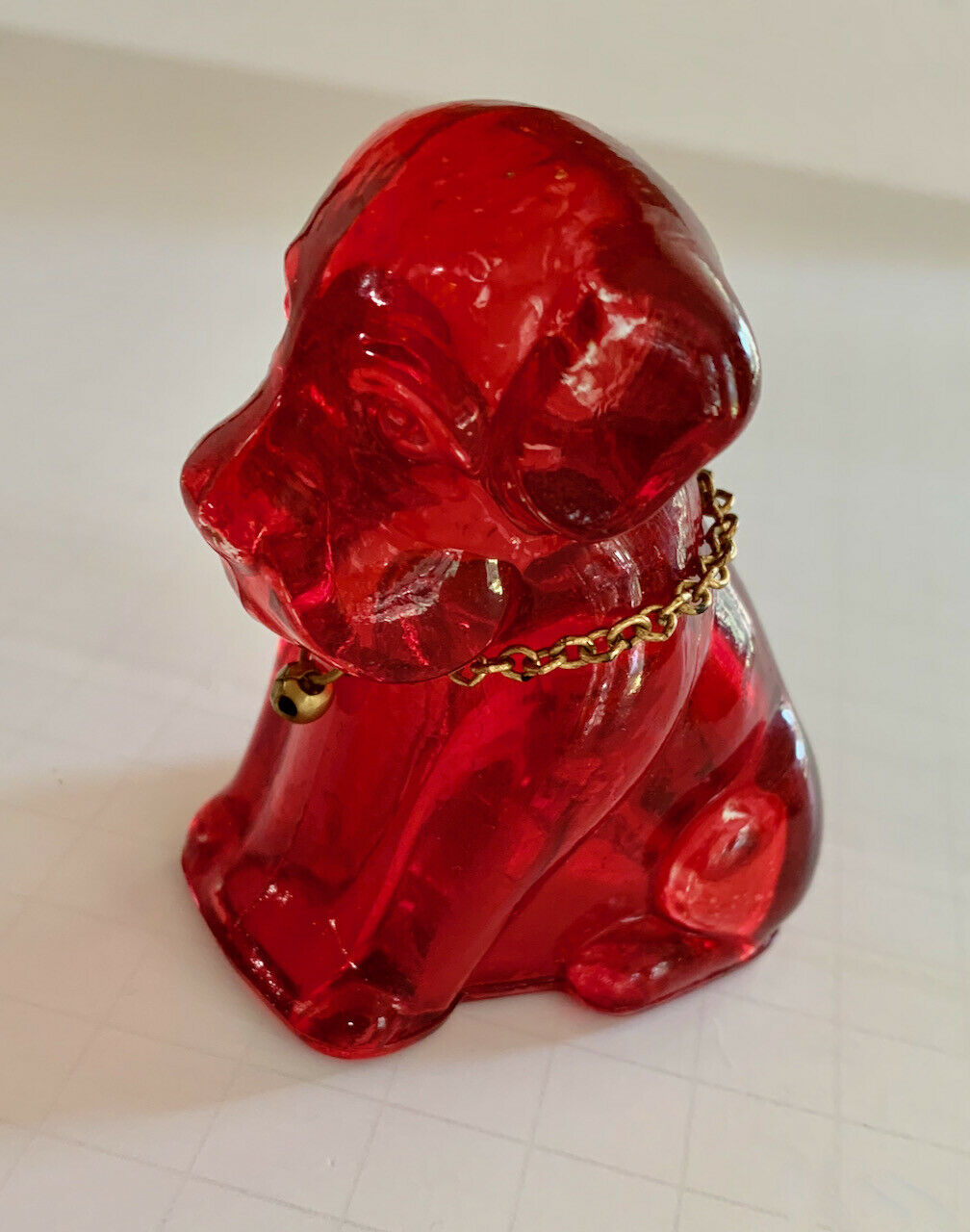 Vintage Red Glass Sitting Dog Candy Container With Chain Collar; Dated 1941