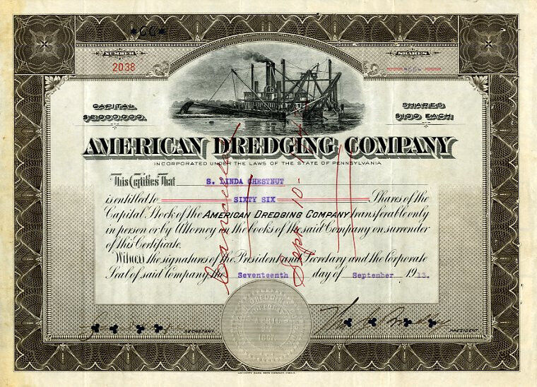 1913 American Dredging Stock Certificate