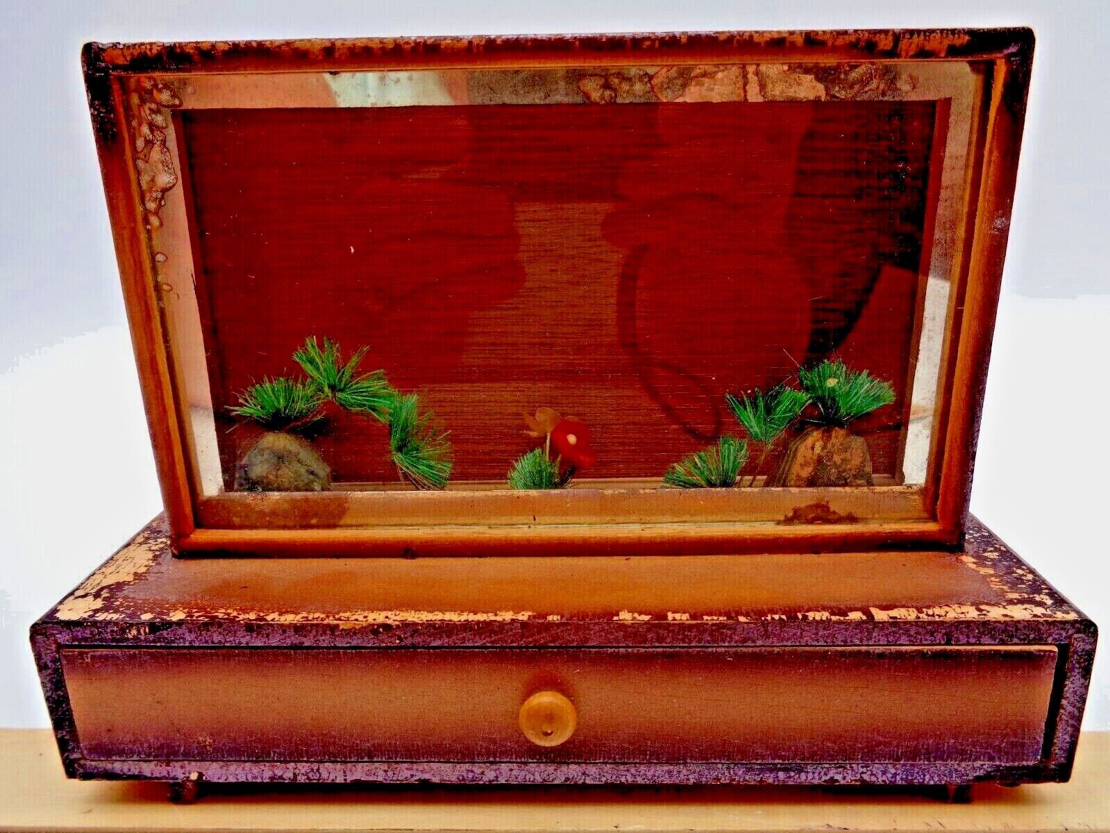 Vtg. Japanese Wood Trinket / Jewelry Box With Postcard Diorama Display & Drawer