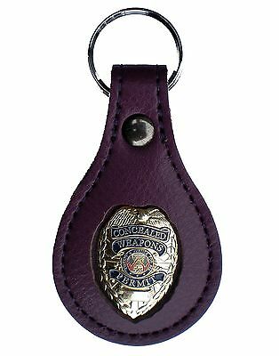 Gold Concealed Weapons Permit Badge Purple Leather Key Fob Keychain Keyring