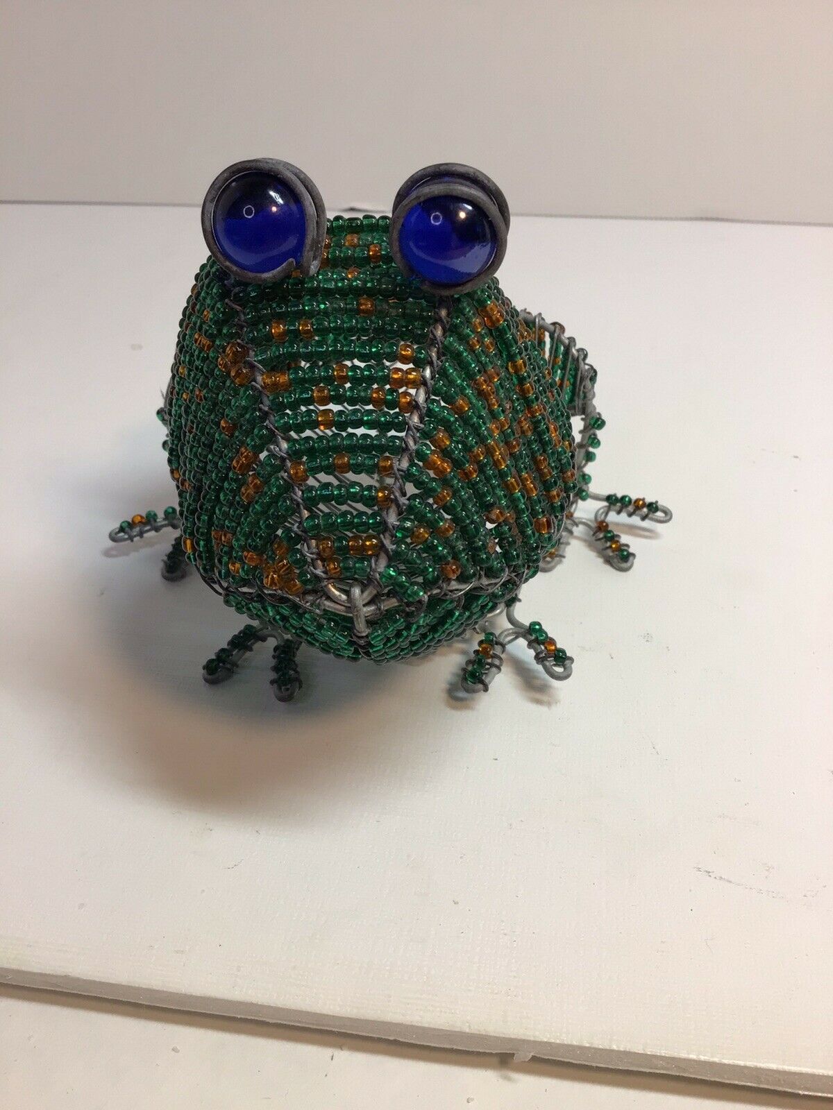 Green Glass Beaded Large Frog Wired Marble Eyes Patio Decor Vintage