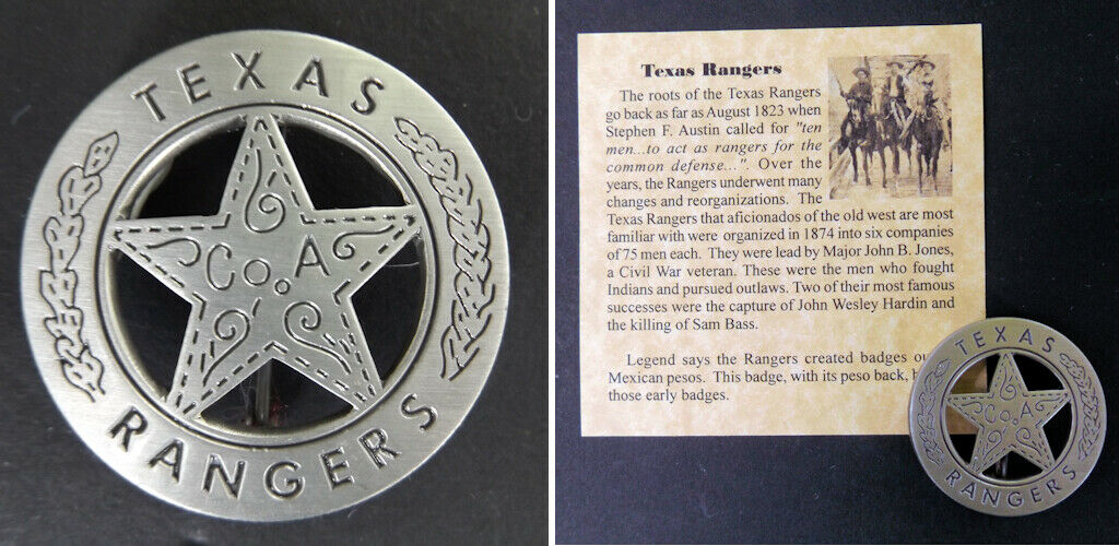 Texas Ranger Badge, Peso Back, Company A, Old West, Western