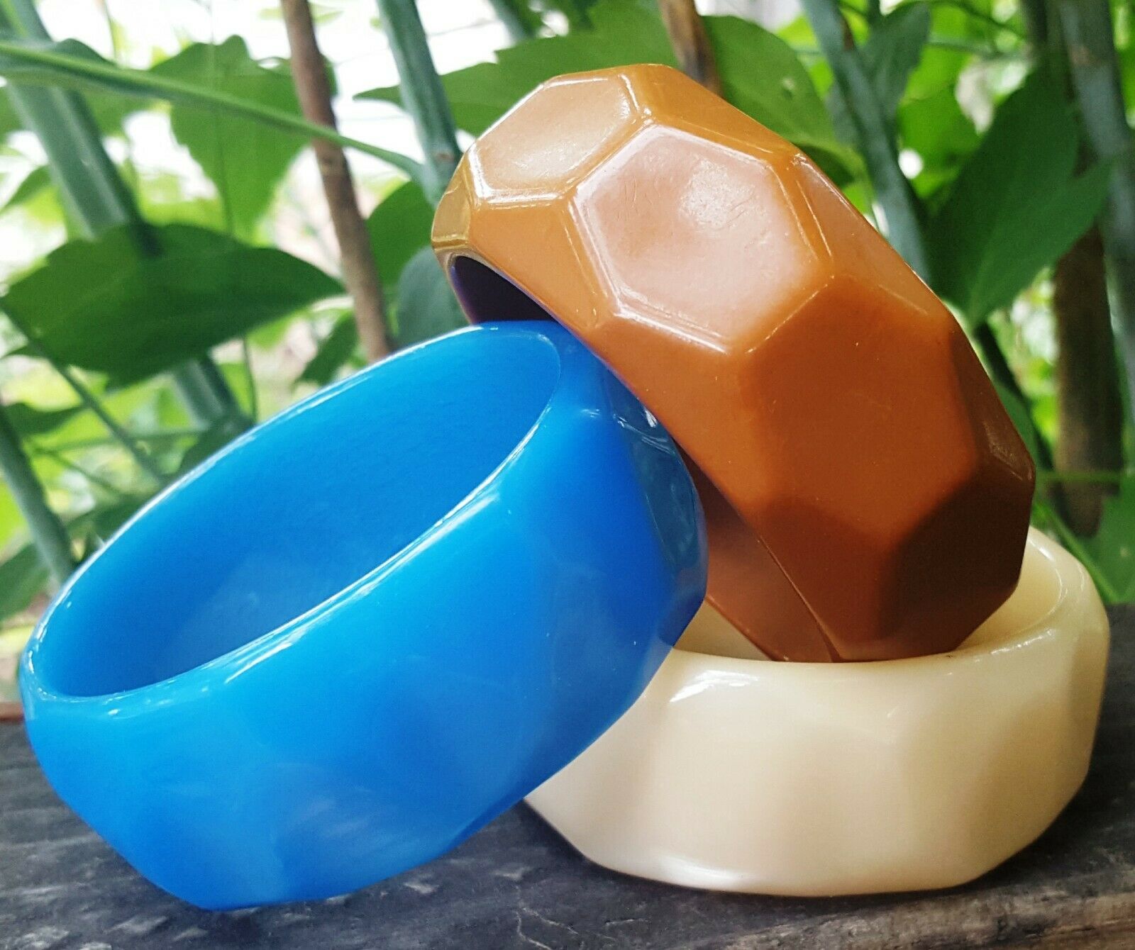 3 Lucite Bangle Bracelets Wide Faceted Stack Lot Moonglow Matte Acrylic Plastic