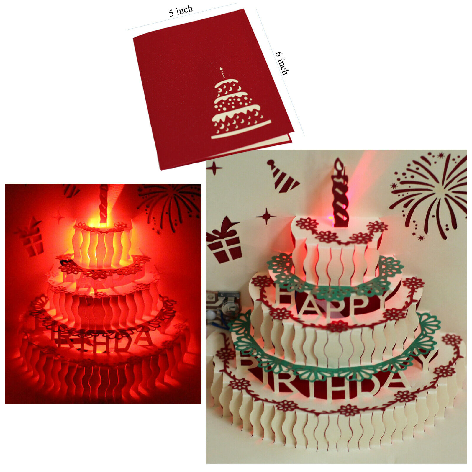3d Pop Up Greeting Cards Led Light & Happy Birthday Music Handmade Postcard New