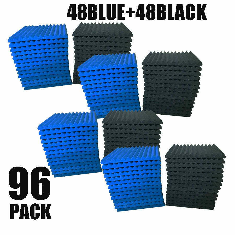 96 Pk Black/blue Acoustic Panels Studio Soundproofing Foam Wedge Tiles 1"x12x12
