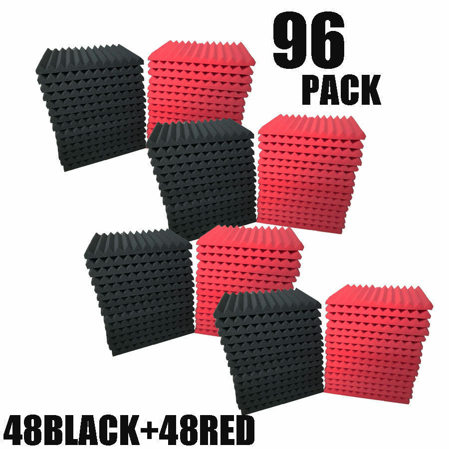 96 Pk Red/black Acoustic Foam Panel Wedge Studio Soundproofing Wall Tiles12x12x1