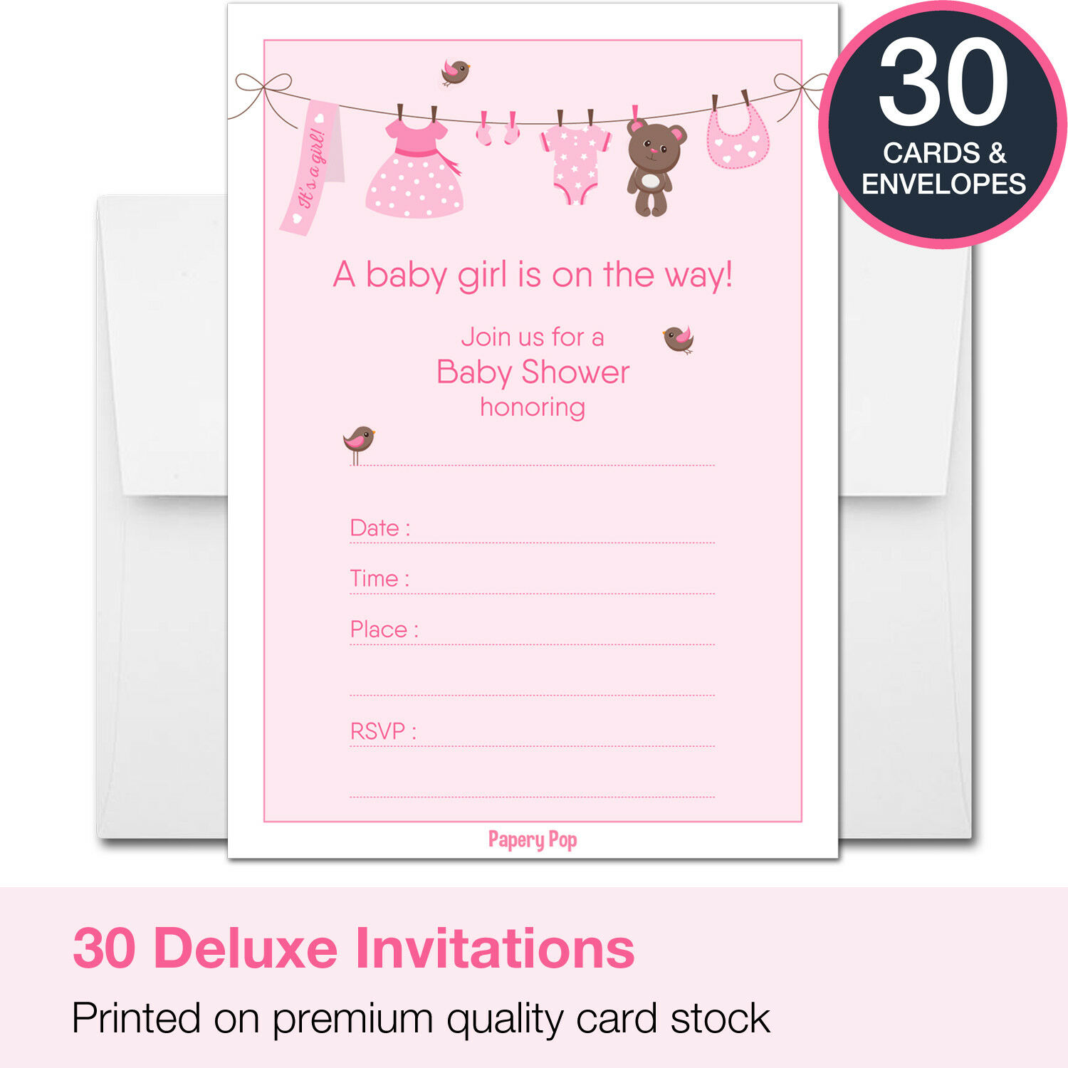 30 Baby Shower Invitations Girl (with Envelopes) - Decorations Supplies Games